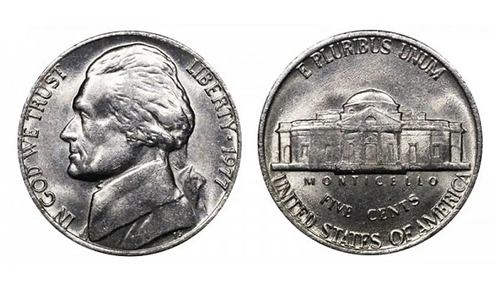 1977 Jefferson nickel obverse and reverse showing Philadelphia and Denver mint varieties