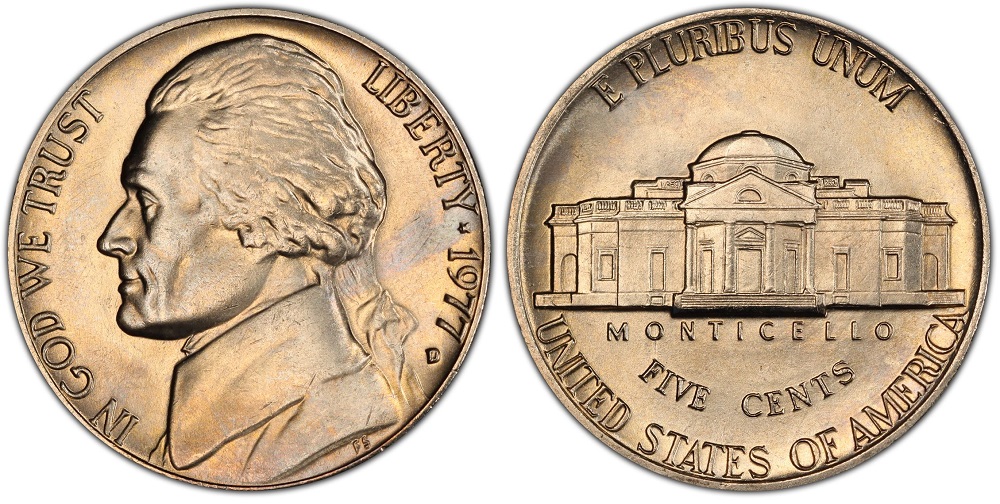 1977 nickel reverse comparison: weak steps (common) left vs Full Steps designation (valuable) right