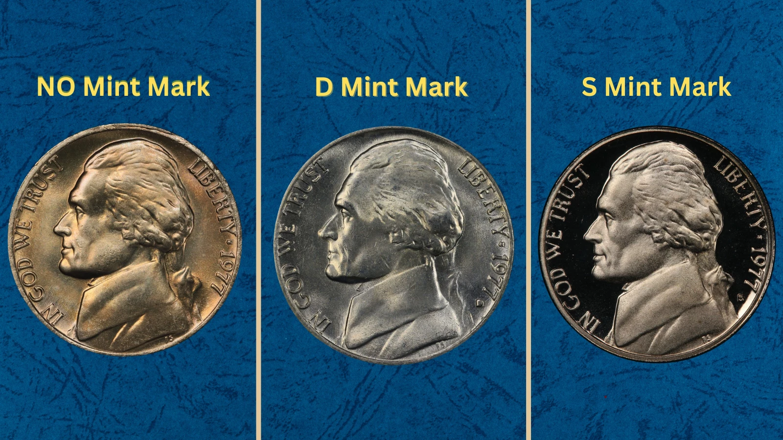 Three 1977 Jefferson nickels showing Philadelphia, Denver, and San Francisco Proof varieties side by side